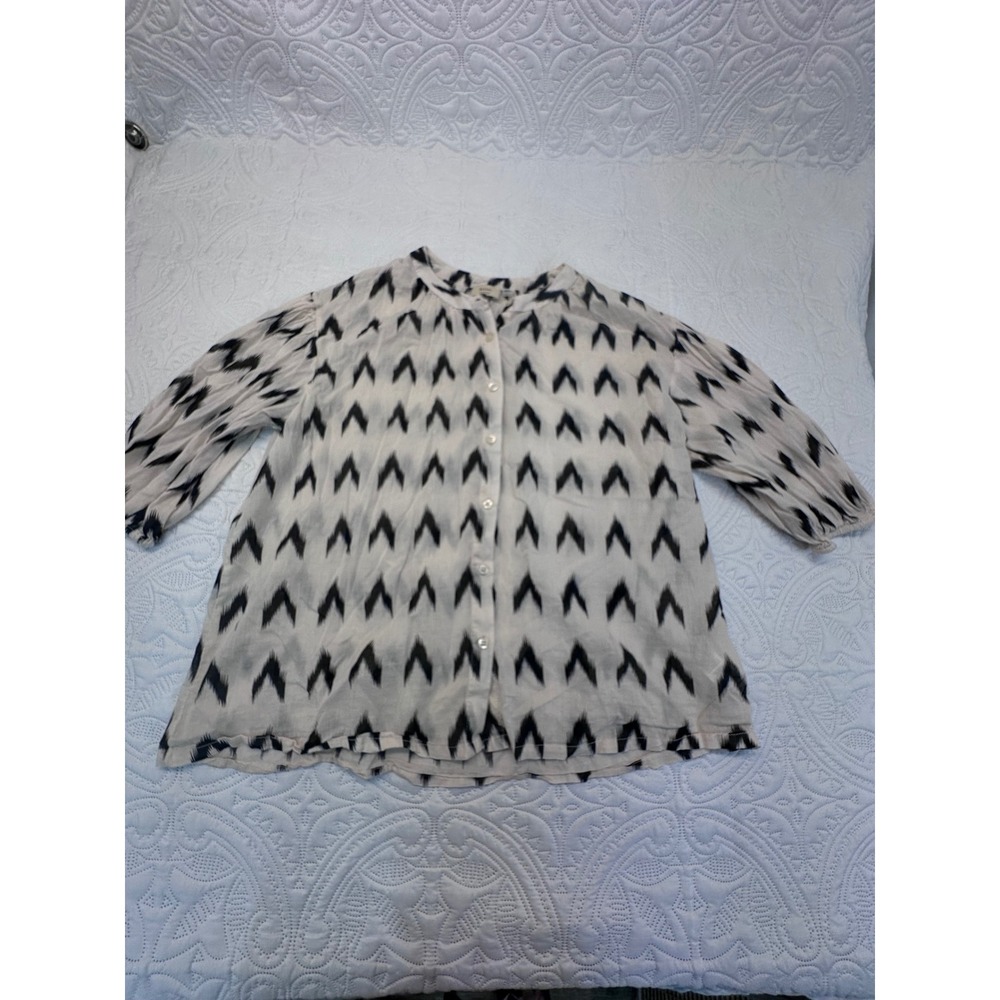Elie Tahari Woman 1X Cotton Ikat Chevron Button Down Blouse White Black